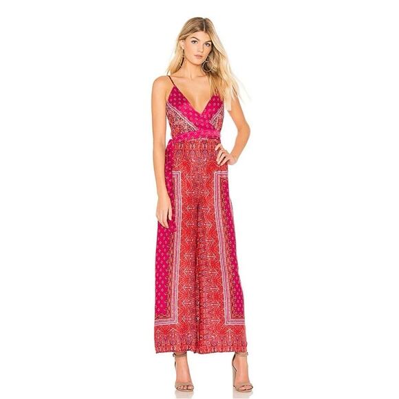 FREE PEOPLE Cabbage Rose Red/PinkFestival Boho Jumpsuit Sz 4 - Picture 1 of 5